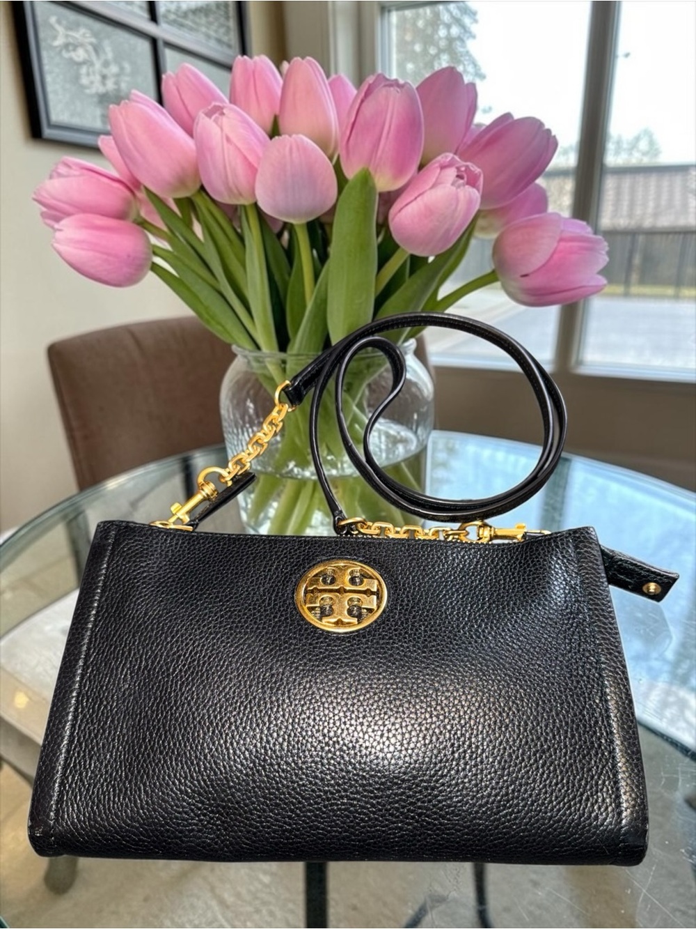 Tory Burch Black Pebbled Leather Carson Zip Top Crossbody Bag EUC